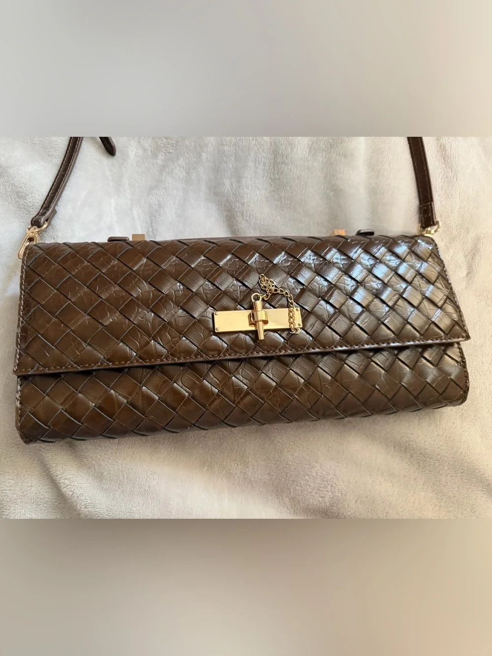 Aldo Brown Woven Leather Clutch with Gold-Tone Turn Lock